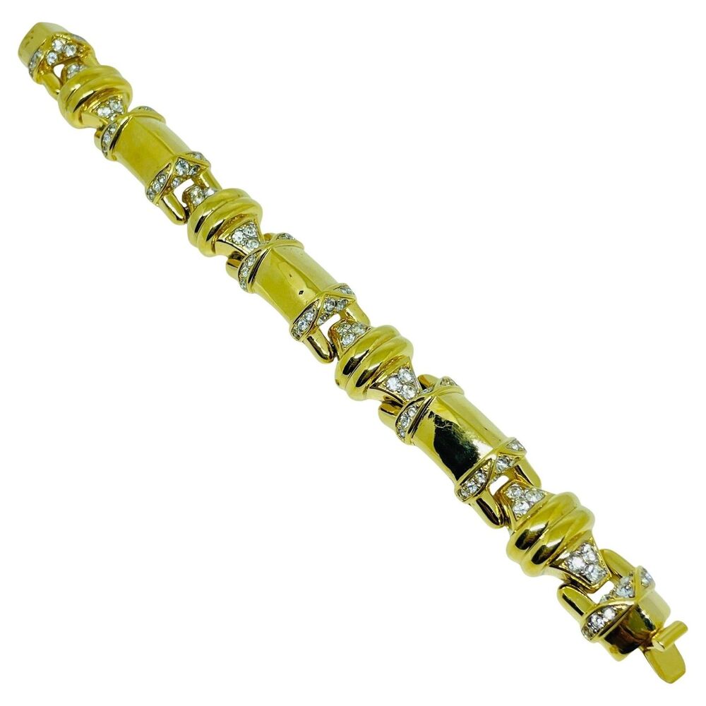 NINA RICCI signed vintage gold tone rhinestones designer link bracelet